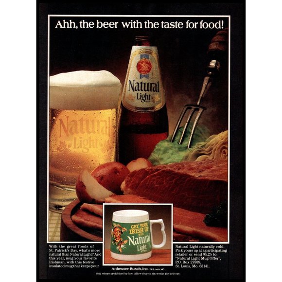 1983 Natural Light Beer Vintage Print Ad Frosty Mug Steak Leprechaun Wall Art - Picture 1 of 1